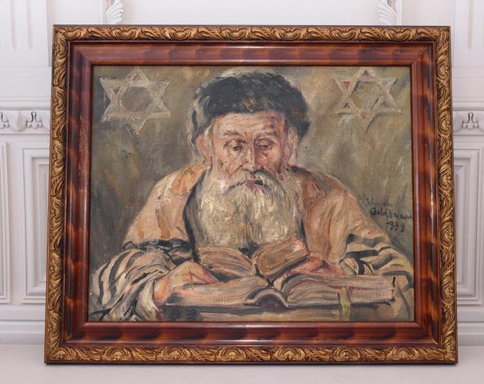 Antique Painting Goldbaum 1939 - Jew Reading the Book - Old Painting on Canvas - Jewish Antique Painting - Wall Decor - Judaica Home Decor