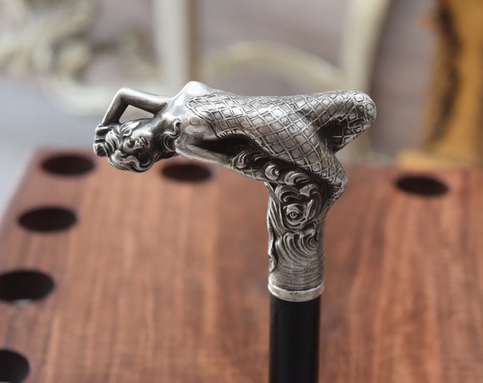 Silver Walking Stick Act Woman Russia Hand Made Solid Wood Rare Russia 84