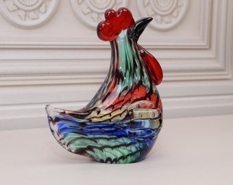 Glass Hen Figurine: Rainbow Venetian Sculpture