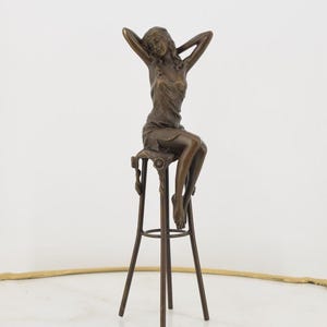 Woman on Bar Chair – Bronze Figurine in Dress – Elegant Bronze Statue – Art Deco Style – Unique Home Decor & Gift Idea