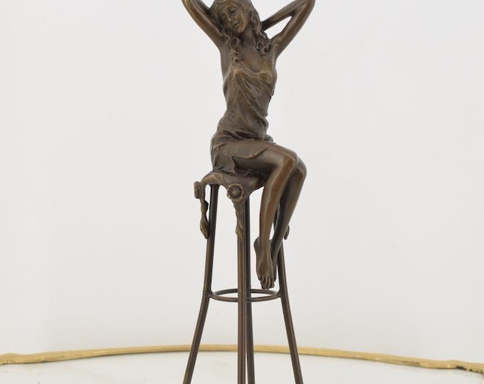 Woman on Bar Chair – Bronze Figurine in Dress – Elegant Bronze Statue – Art Deco Style – Unique Home Decor & Gift Idea