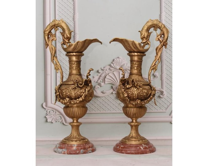 Set of Two Bronze Amphora Vases with Dragons | French-Style Bronze & Granite Urns | Decorative Sculptures Unique Home Decor
