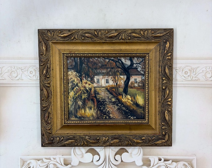 Antique Polish Manor House Landscape Oil Painting – B. Rychter-Janowska Style (Oil on Wood)