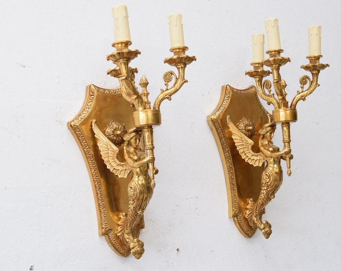 Two bronze empire wall sconces - bronze winged nymphs  - pair bronze candlesticks - wall decor - wall art - candlestick bronze