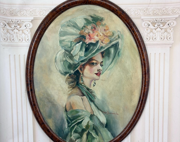 Vintage Elegant Woman Portrait Oil Painting - Lady in Large Hat - Oil on Cardboard Behind Glass - Oval Frame