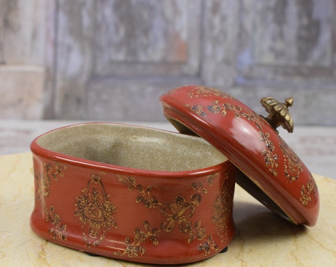 Red Porcelain Casket - Flower Design - Bronze Ornaments - Vintage Porcelain Box - Home Decor -
