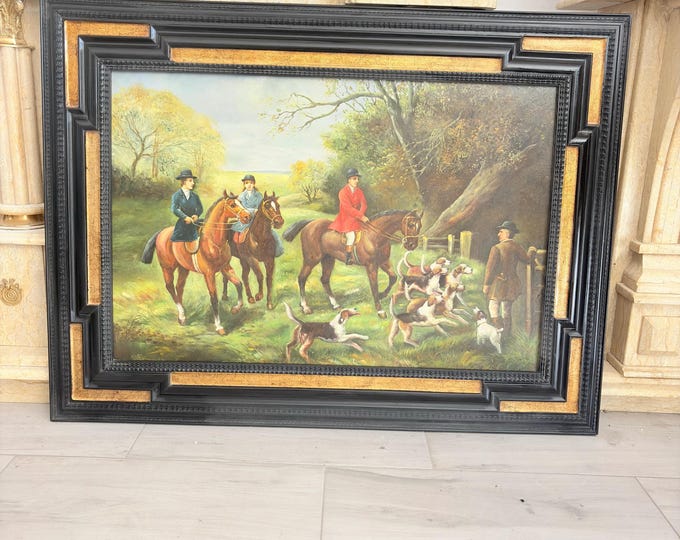 Large French Hunting Scene Oil Painting | Ornate Gold Frame Wall Art