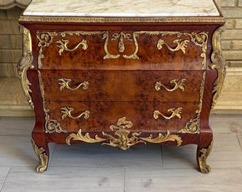 French Baroque Commode – Beech Wood, Bronze Ornaments, Marble Top, Circa 1920