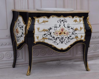French Commode – Bathroom Vanity with Sink, Hand-Painted Design, Louis XVI Style, Vintage Furniture - Home Decor - Gift Idea