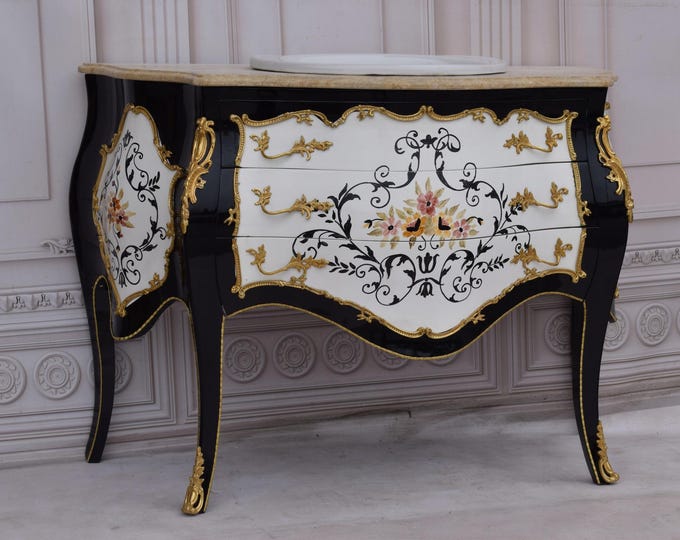 French Commode – Bathroom Vanity with Sink, Hand-Painted Design, Louis XVI Style, Vintage Furniture - Home Decor - Gift Idea