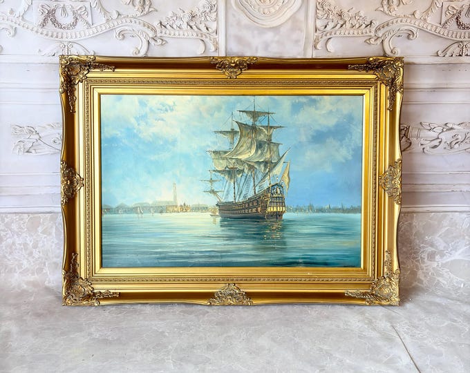 Large Vintage Ship Painting in Ornate Gold Frame - Maritime Oil Painting