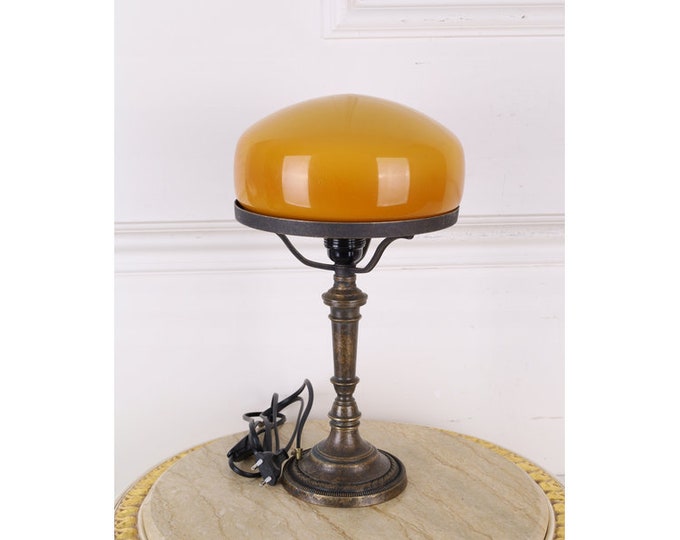 Unique Cognac Banker Lamp - Desk Lamp - Orange Glass - Office Gift - Night Stand Lamp - Cognac Shade - Luxury Gift