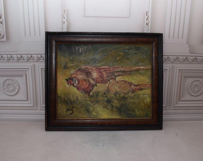 Antique Painting Oil on Canvas Landscape Pheasants - Family Pheasants - Falat Handmade Painting - Polish Landscape - Wall Home Decor