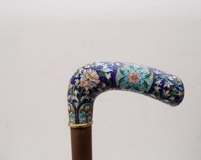 Jewish Enamel Silver Walking Stick - Gilded Silver Cane Art Work Solid Ebony Wood - Judaica Luxury Gift