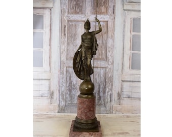 Très grande statue Athéna, déesse de la sagesse - Athéna avec lance statue en bronze sur socle en marbre - sculpture mythologique - décoration d'intérieur