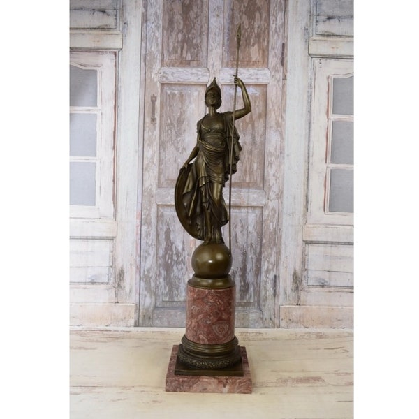 Very Large Statue Athena Goddess of Wisdom - Athena with Spear Bronze Statue on Marble Base - Mythological Sculpture - Home Decor