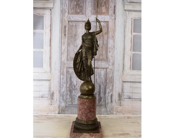Very Large Statue Athena Goddess of Wisdom - Athena with Spear Bronze Statue on Marble Base - Mythological Sculpture - Home Decor
