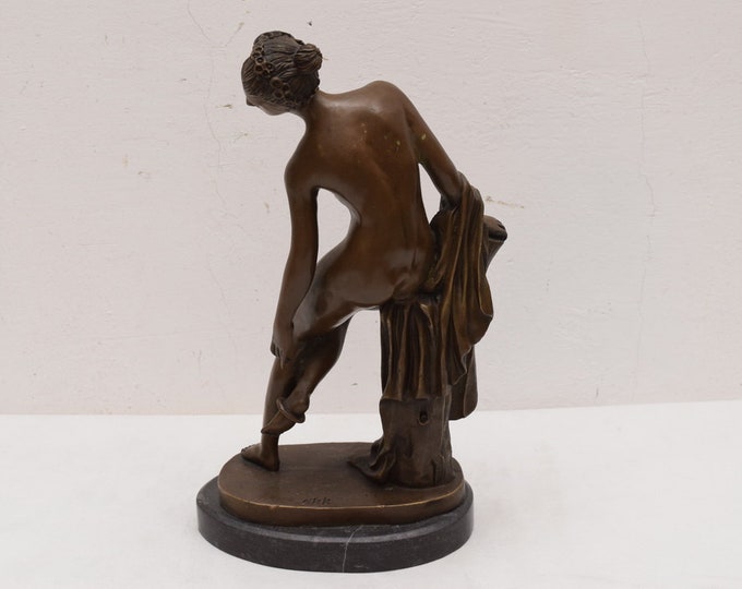 Act woman leaning on a pedestal bronze figurine - bronze sculpture female act - act of a beautiful woman - act for adults