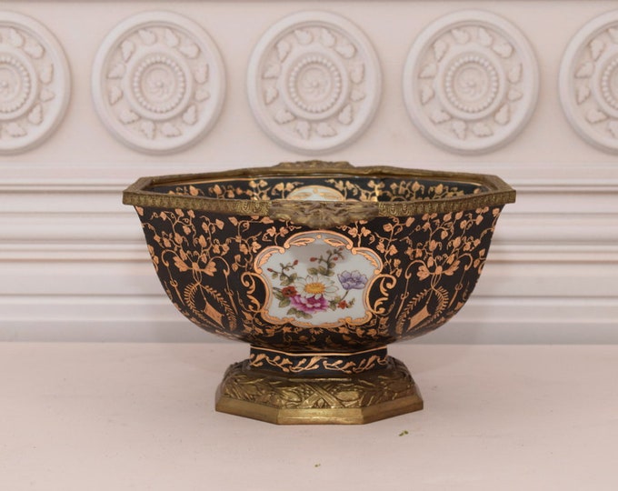 Large Black and Gold Porcelain Plateau - Bronze Ornaments Fruit Plate - Antique Porcelain Vintage - Luxury Bowl - Regency Decor - Home Decor