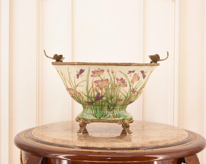 Large Porcelain Fruit Bowl with Bronze Dragonflies | Floral Motif Centerpiece | Elegant Vintage-Style Decorative Dish - Home Decor