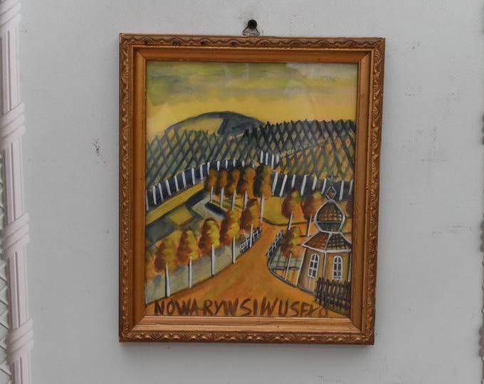 Nikifor Krynicki Painting – Old Krynica Zdroj – Pastel on Carton – Abstract Urban Architecture – Polish Art Gift