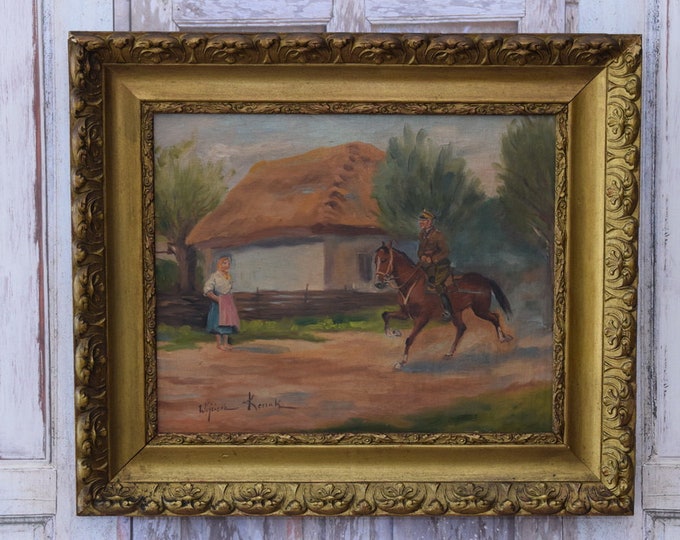 Antique Painting Soldier on Horse - Painting Kossak - Polish Soldier - Old Painting on Canvas - Gift for Polish Patriots - Wall Decor
