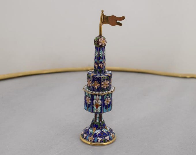 Antique Silver Besamin Tower – Russian 84 Gilded & Enameled Judaica – Jewish Spice Box – Handmade Ceremonial Art – Unique Gift
