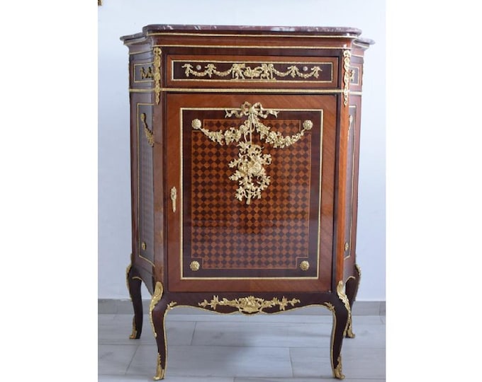 French Empire Style Chest of Drawers – Marble Top – Inlaid Wood & Brass – Porcelain Plaques – Antique Cabinet Elegance
