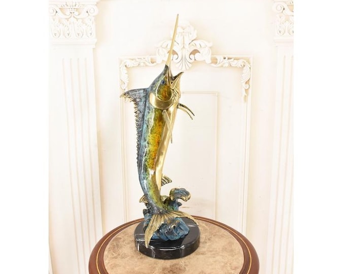 Gilded Bronze Marlin Statue: Painted Sailfish Sculpture on Marble Base (87cm)