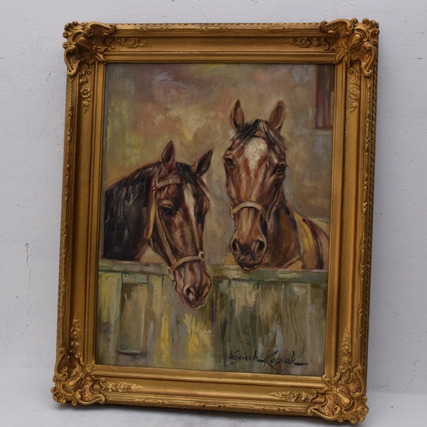 Old Painting - Two Head Horses in Love - Kossak Old Oil on Canvas - Loving Horse Polish Art Gift