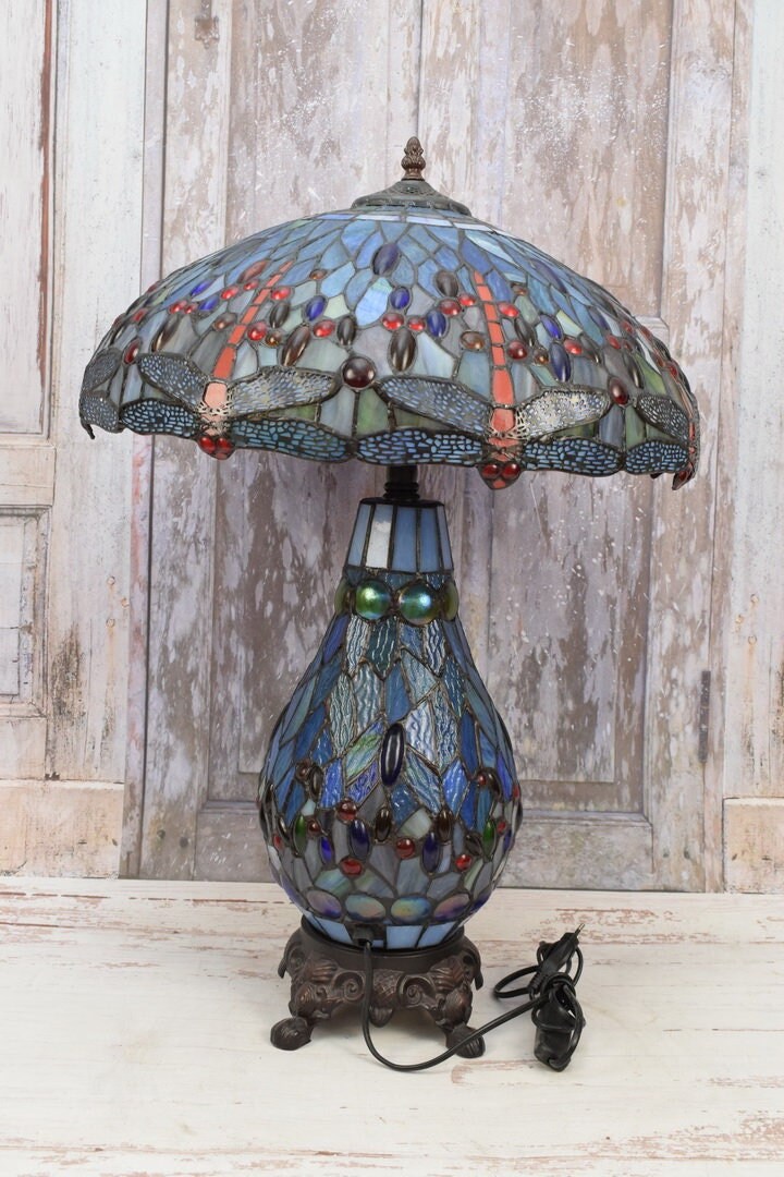 Lamp Tiffany Style Blue Table Lamp Dragonfly Lamp Flower Stained Glass Bedside Lamp Atmospheric Lamp Office Amazing Gift Idea Etsy UK
