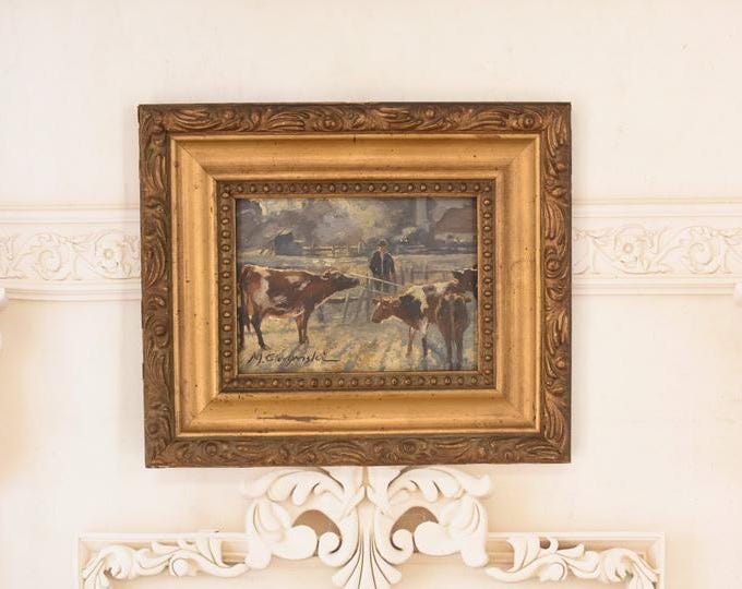 Antique Oil Painting Winter Landscape Cows – Rustic Farmhouse Wood Art Gold Frame