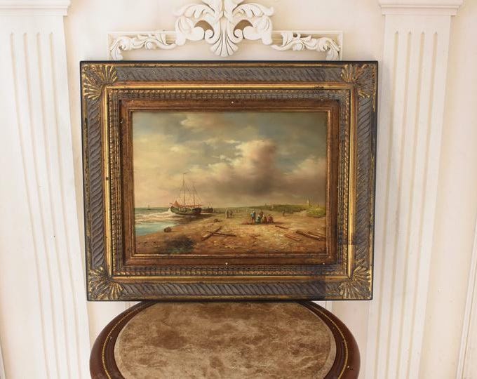 Vintage French Oil Painting - Fishermen on Beach, Coastal Art