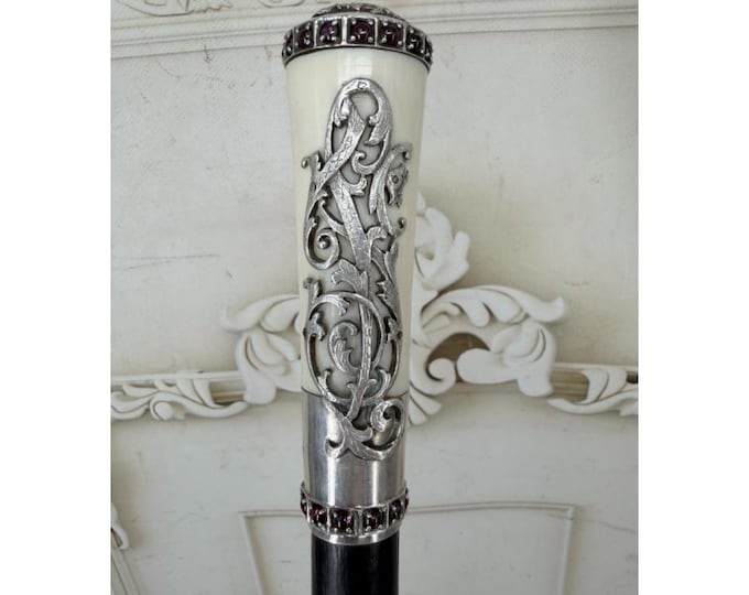 Russian 84 Silver Walking Stick – Imperial Eagle Cane with Red Stones – Collectible Decor