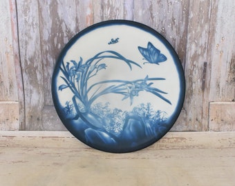 Blue Glass Plate: Emile Galle Style Butterflies Design, Collector Item