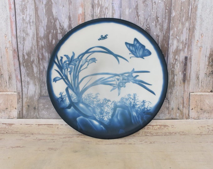 Limited Glass Plate - Blue Glass Plate Butterflies Design - Emile Galle Style - Collector Item - Wedding Gift Idea - Home Decor
