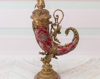 Vintage Porcelain Cornucopia: Red Horn of Plenty with Bronze Ornaments