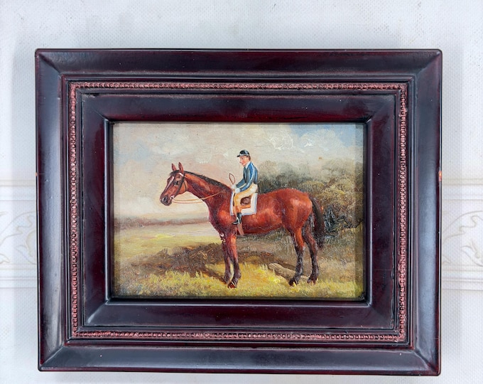 Oil on Wood Jockey Horse Painting – French Equestrian Art Wall Decor