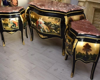 Three Royal Hand-Painted Chests of Drawers – Marble Tops – French Louis XVI Style Set