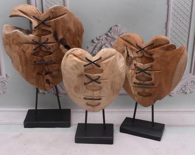 3 x Handmade Teak Wood Heart Sculpture: Rustic Home Decor