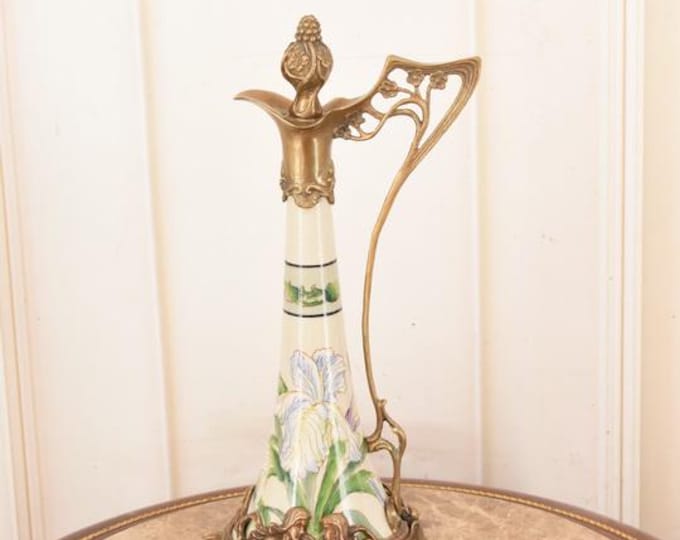 Art Nouveau Porcelain Wine Jug: Floral Bronze Handle, Home Decor