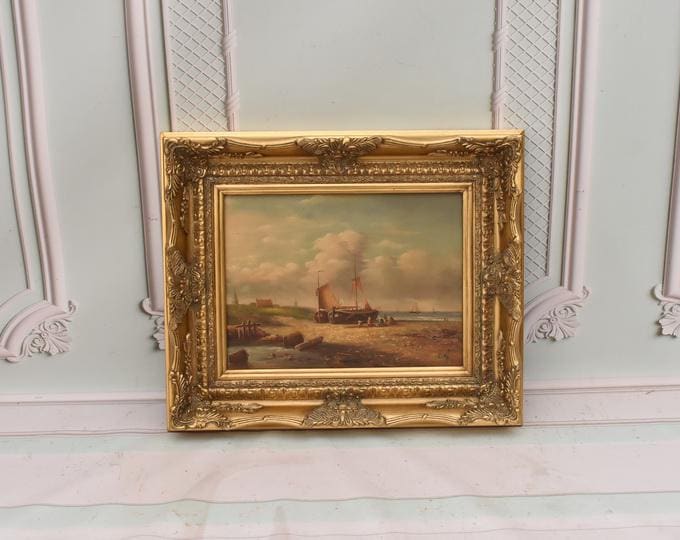 Vintage Painting Ship in Port – Handmade Nautical Art with Gold Frame – Sea Wall Decor – Gift for Ocean Lovers - Home Decor