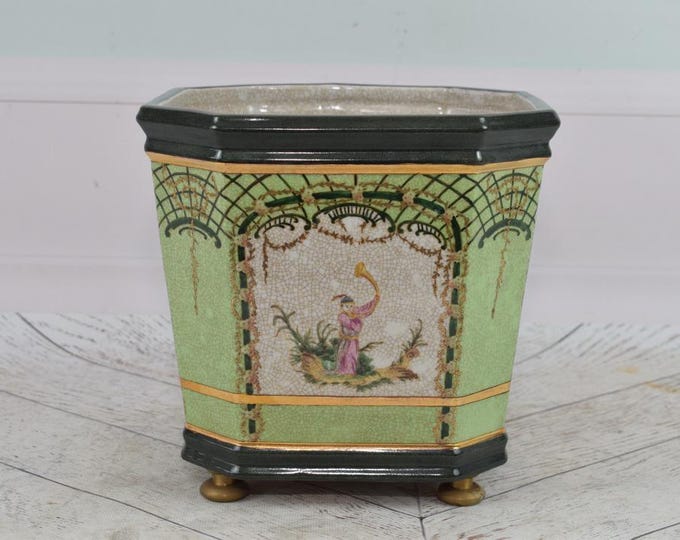 Painted Porcelain Vase Japanese Scene - Unique Design - Flowers Ornaments Art Nouveau Style - Porcelain Flower Pot - Home and Garden Decor