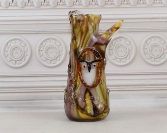 Murano Style Glass Vase: Tree Flower Pot with Owl Accent