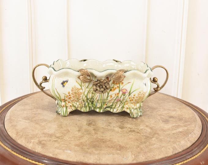 Art Nouveau Porcelain Bowl – Butterflies, Flowers & Bronze