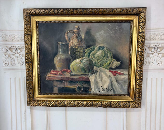 Antique Still Life Oil Painting - Signed Slewiński - Oil on Canvas - Vegetables Jugs Gold Frame