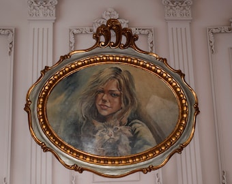 Antique Art Deco Painting: Woman with Cat, Unique Frame, Polish Art