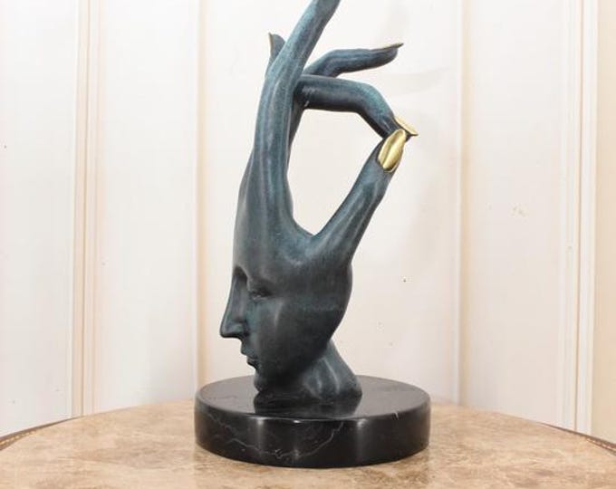 Surrealist Face in Hand Bronze Sculpture – Salvador Dali Style Figurine with Patina, Abstract Art Statue, French Vintage Decor Gift