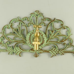 Gren Patina Rustical Cast Iron Wall Fountain with Brass Faucet Tap,  Fountain Metal Wall Sink, Patio &  Wall Ornament Outdoor