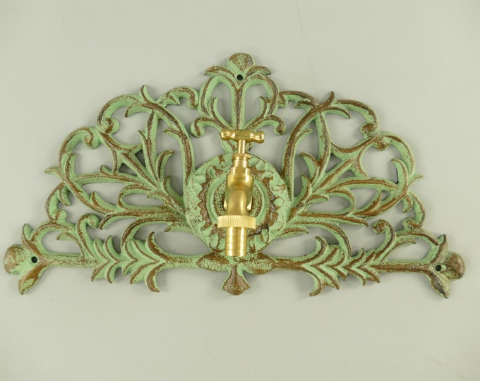 Gren Patina Rustical Cast Iron Wall Fountain with Brass Faucet Tap,  Fountain Metal Wall Sink, Patio &  Wall Ornament Outdoor